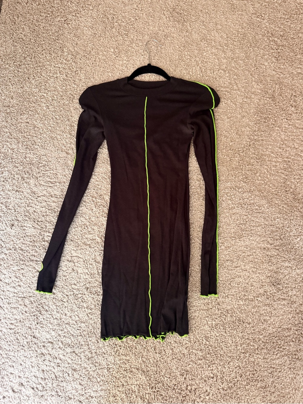 Heron Preston Black Long Sleeve Bodycon Dress with Neon Green Piping